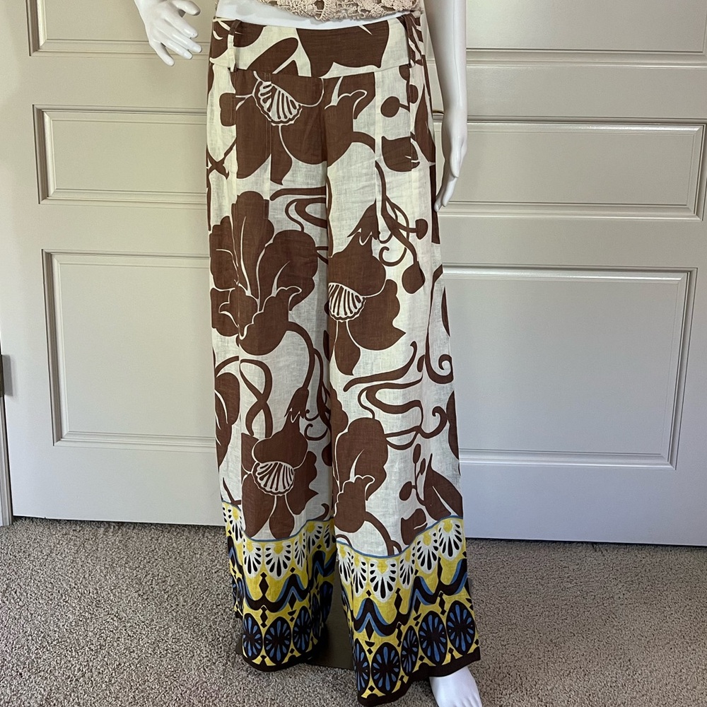 Elie Tahari Cream and Brown Floral Wide-Leg linen Pants